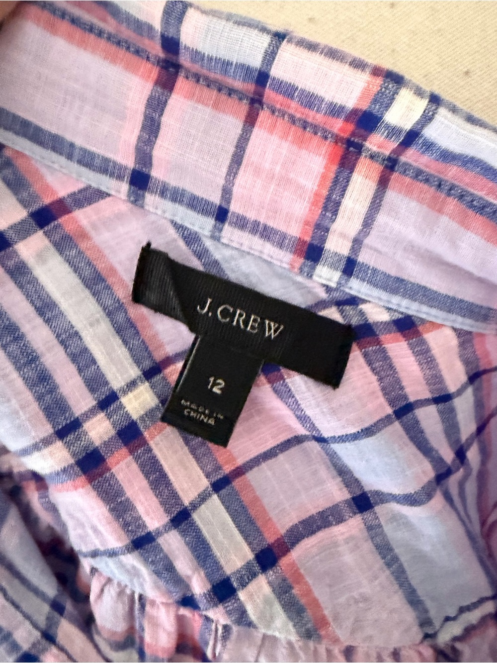 J.Crew Plaid Cotton Popover Shirt Blouse Pink Blue Size 12 - Picture 7 of 8